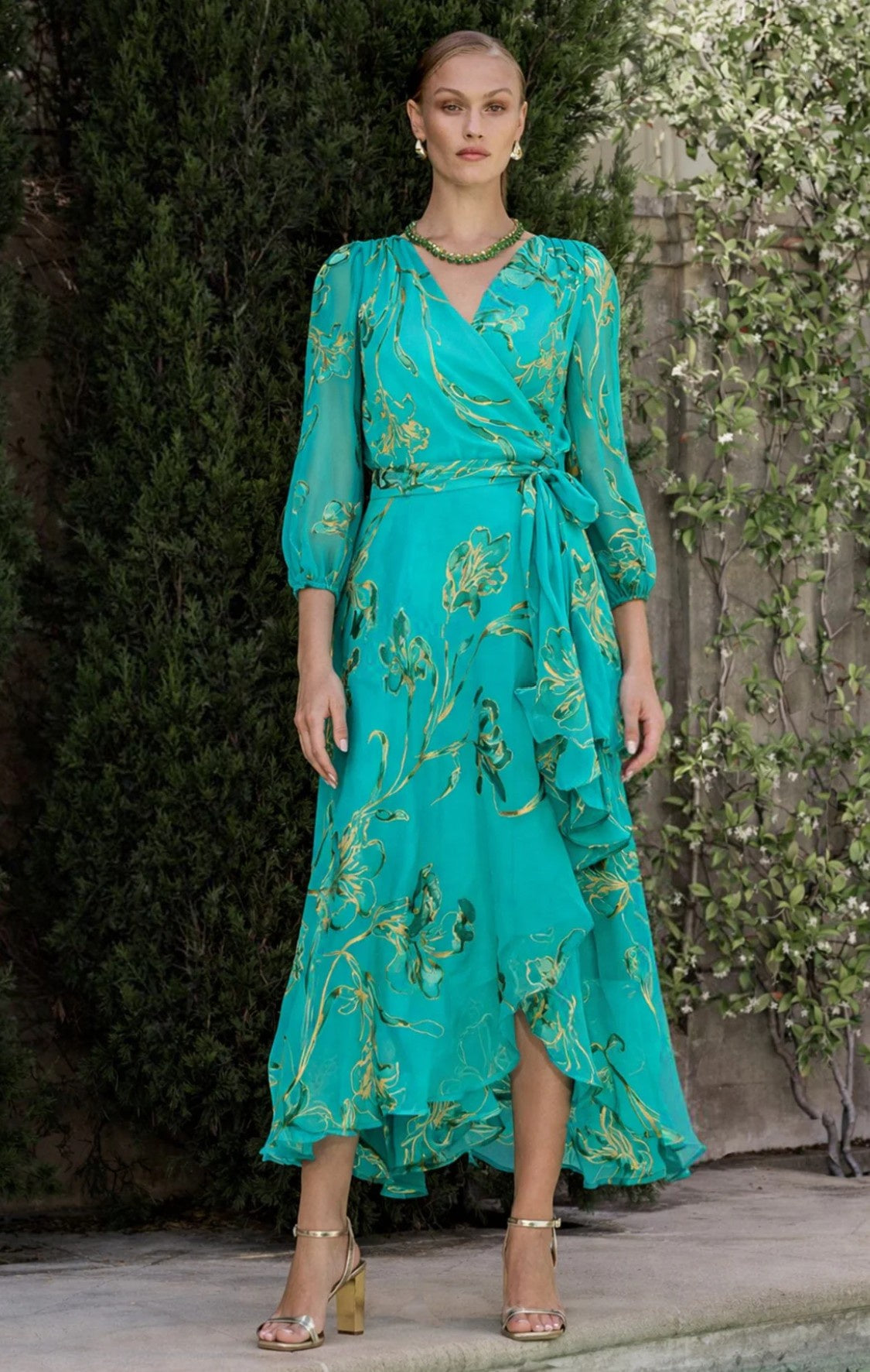 Lanaberg model in green jacquard midi dress with puff sleeves — Melbourne fashion clothing store