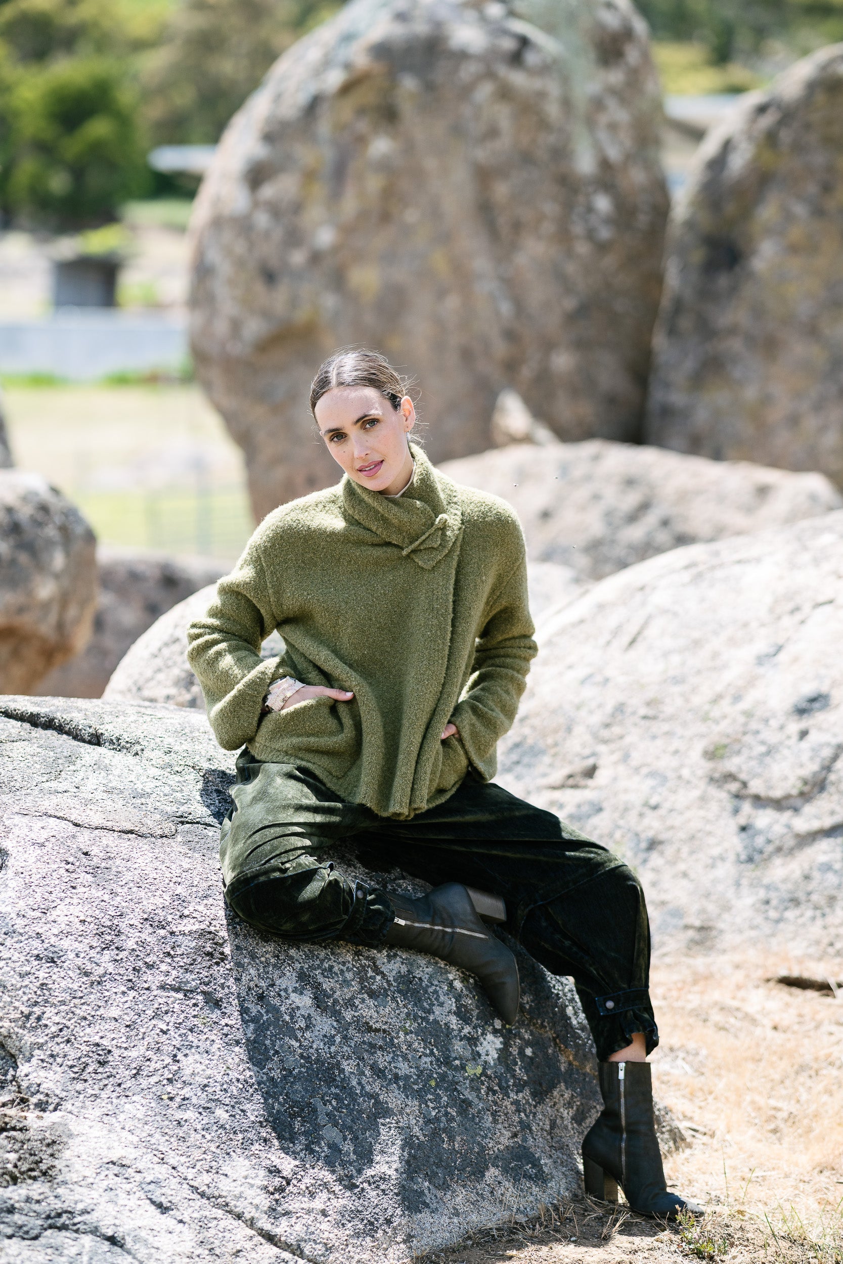 Lanaberg model in opulent floral jacquard suit and cape with black silk blouse — Melbourne fashion clothing store