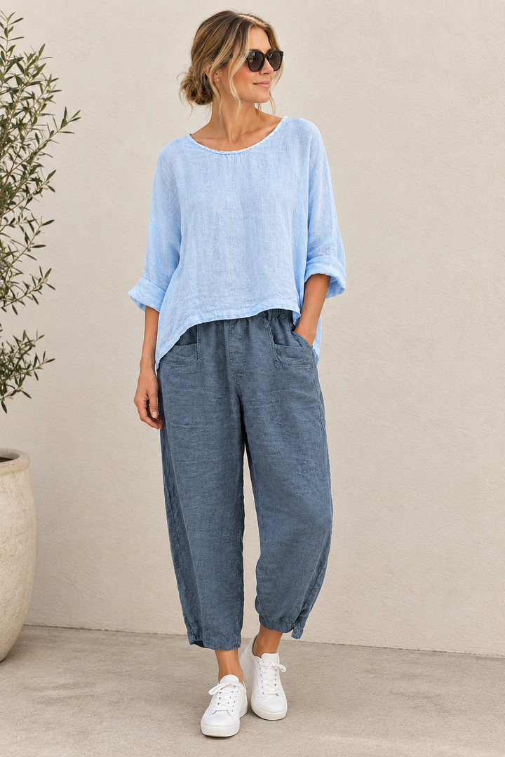 By Basics Linen Barrel Pants - Sea