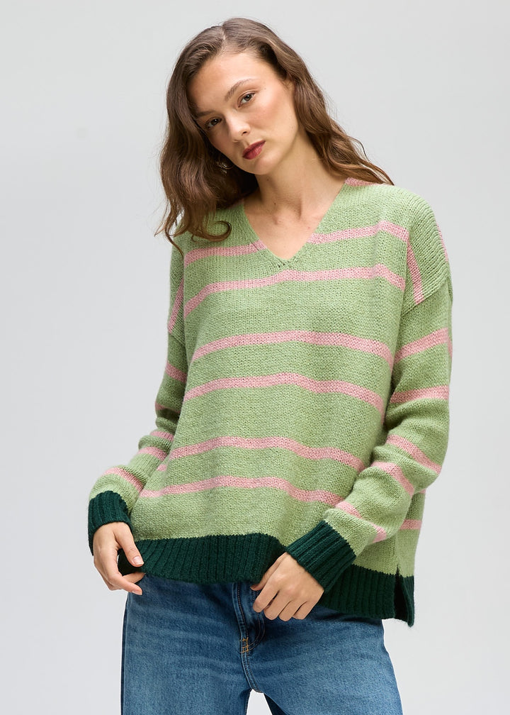 Ld+Co Cozy Stripe V‑Neck Jumper - Forrest
