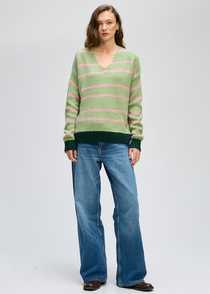 Ld+Co Cozy Stripe V‑Neck Jumper - Forrest