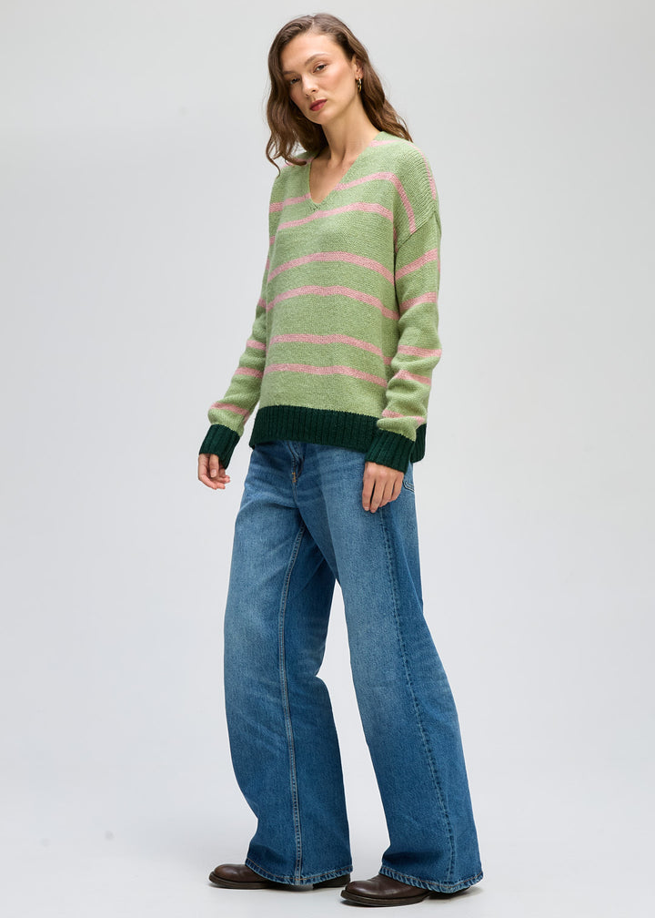 Ld+Co Cozy Stripe V‑Neck Jumper - Forrest