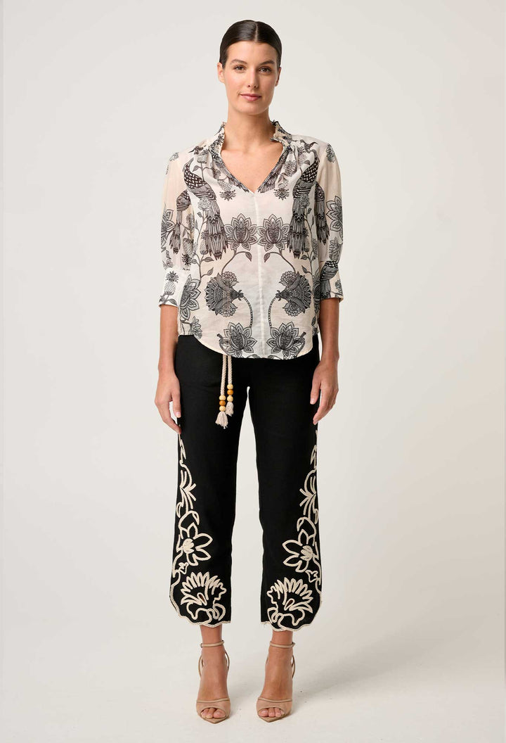 Once Was Oleander Cotton Silk Shirred Blouse