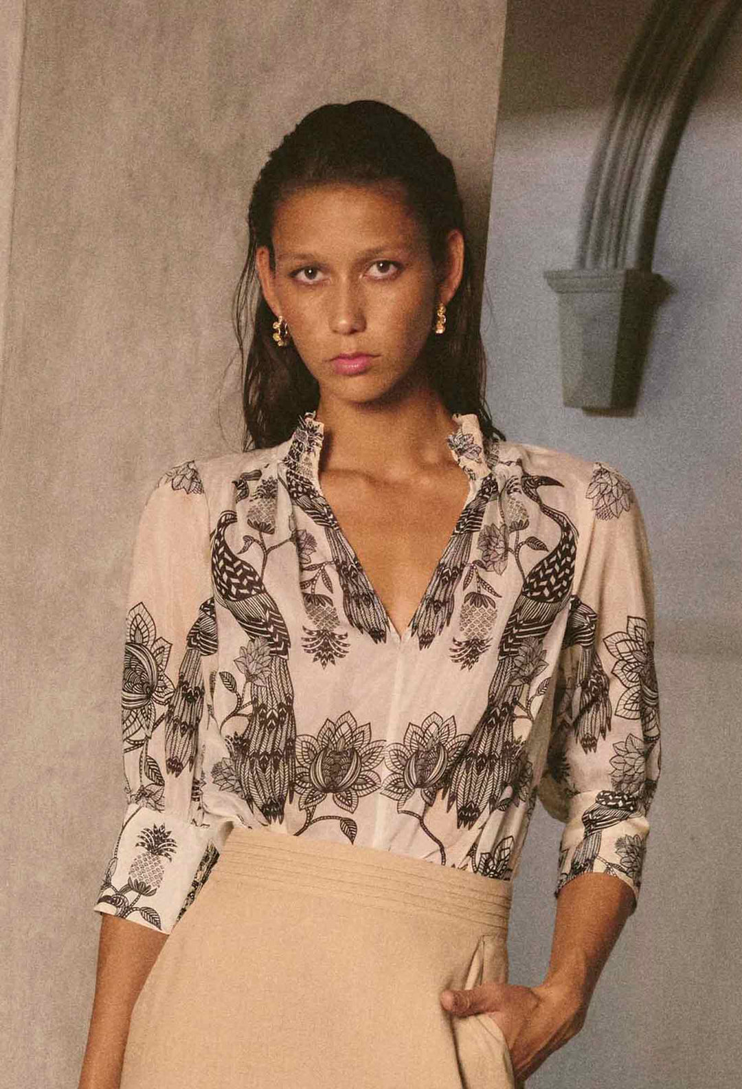 Once Was Oleander Cotton Silk Shirred Blouse