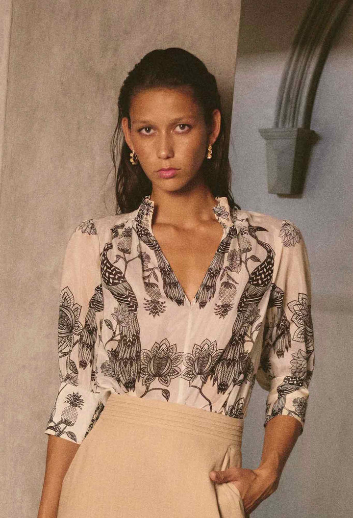 Once Was Oleander Cotton Silk Shirred Blouse