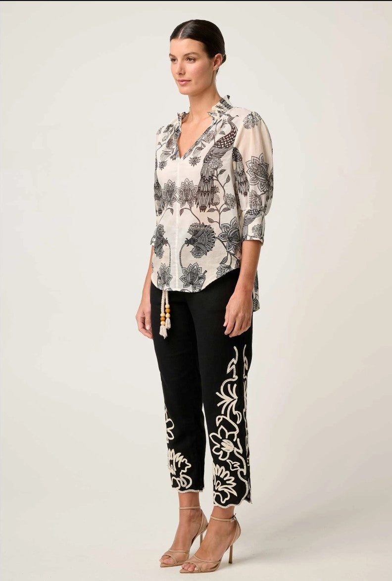 Once Was Oleander Cotton Silk Shirred Blouse