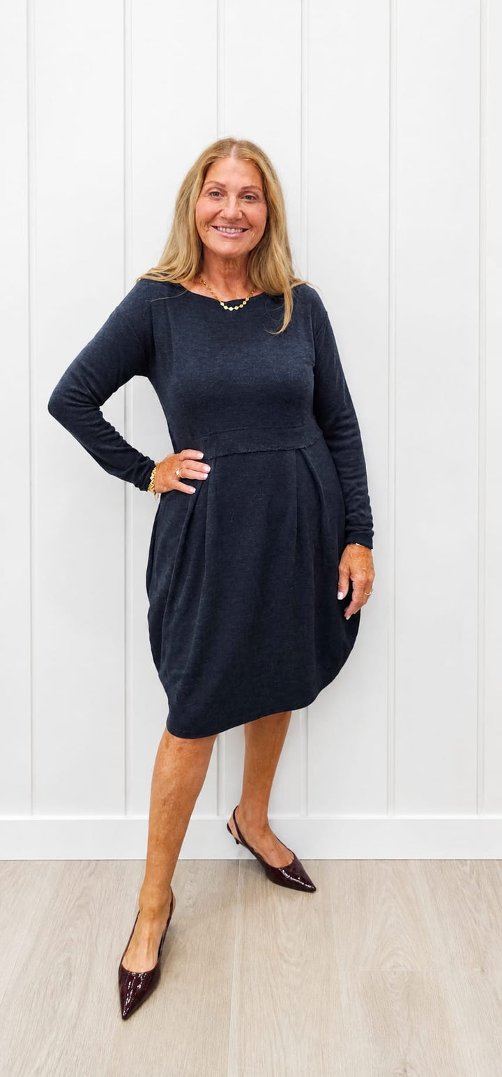 By Basics Dress with Pleats-Mid Blue